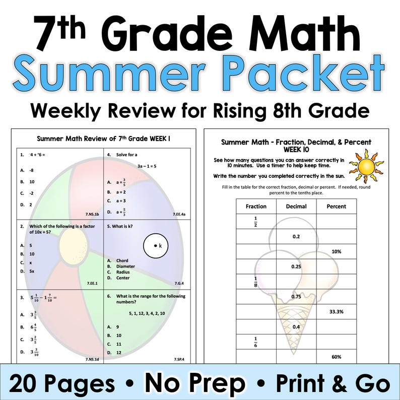 7th Grade Math Summer Review Packet Worksheets - No Prep Activities ...