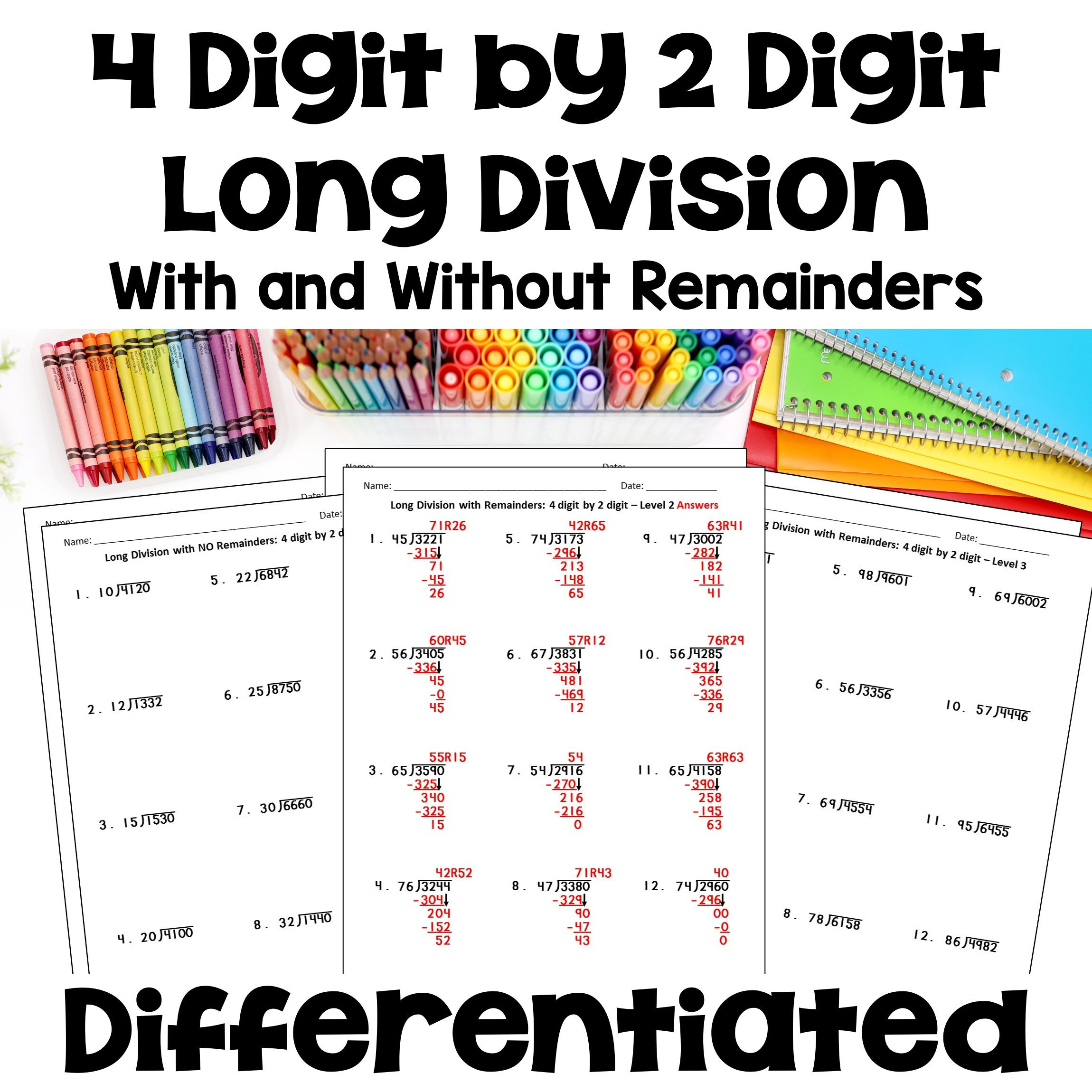 4 Digit by 2 Digit Long Division Worksheets with Detailed Answer Keys