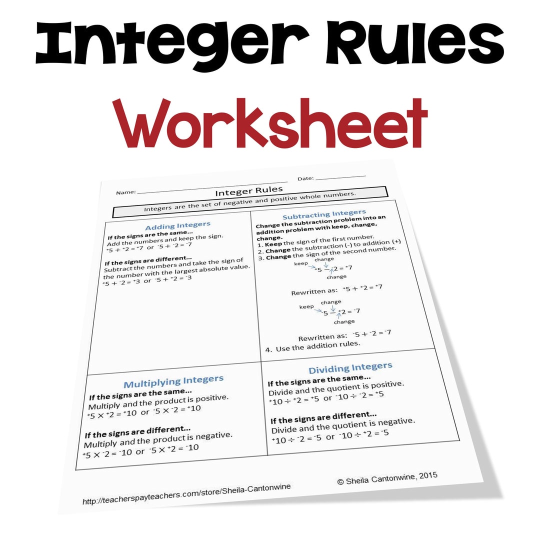 Integer rules worksheet etsy