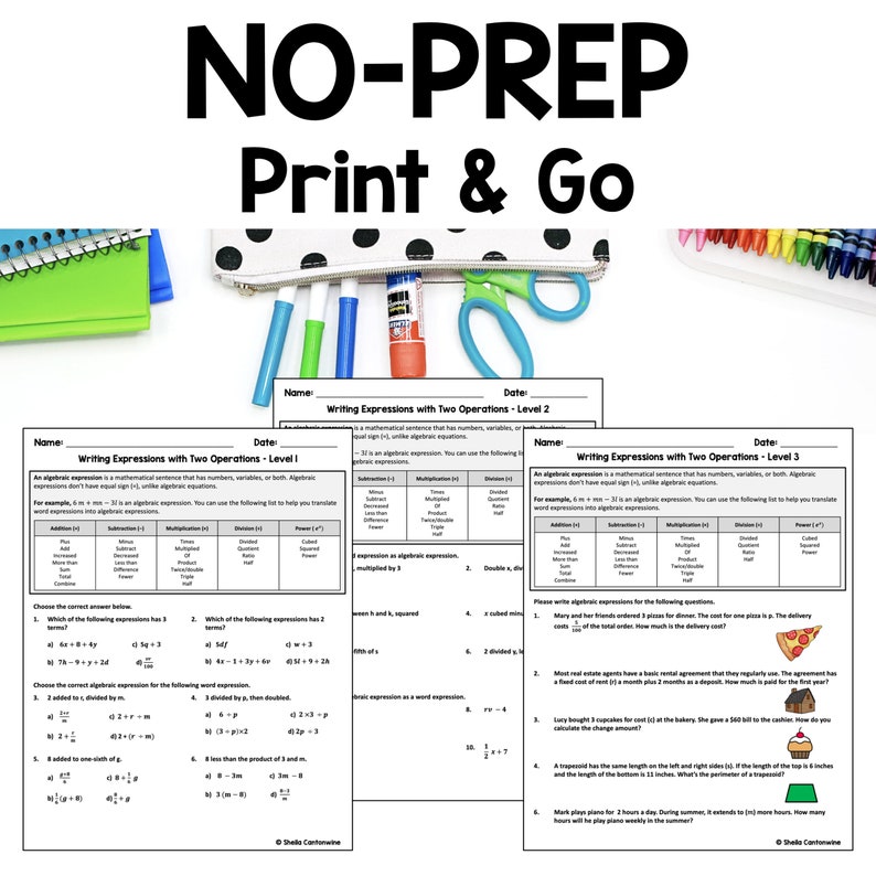 Writing Expressions With Two Operations Worksheets Differentiated - Etsy