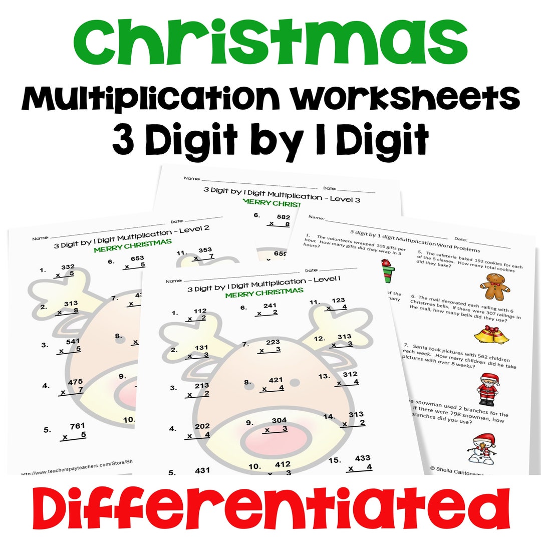 Christmas 3 Digit by 1 Digit Multiplication Worksheets With Word ...