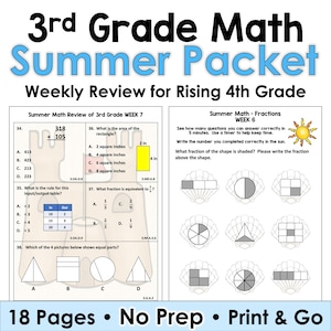 May include: A worksheet titled "3rd Grade Math Summer Packet" with math problems for rising 4th graders. Includes addition, fractions, and geometry questions. The packet is 18 pages and requires no preparation. The text "Print & Go" is also visible.