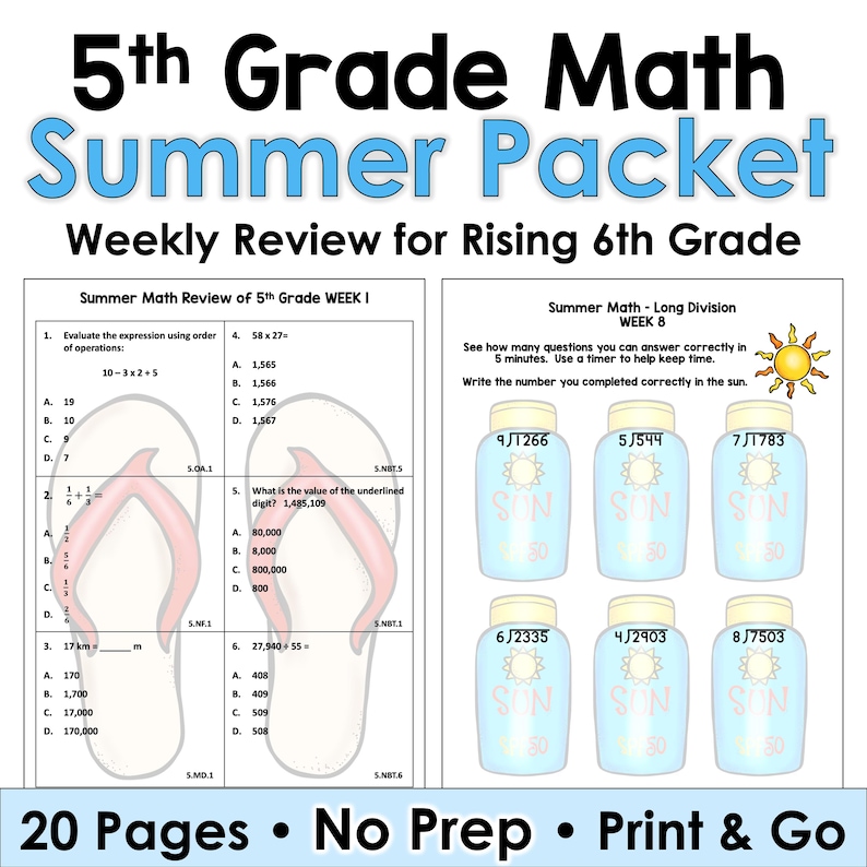 5th Grade Math Summer Review Packet Worksheets - No Prep Activities for ...