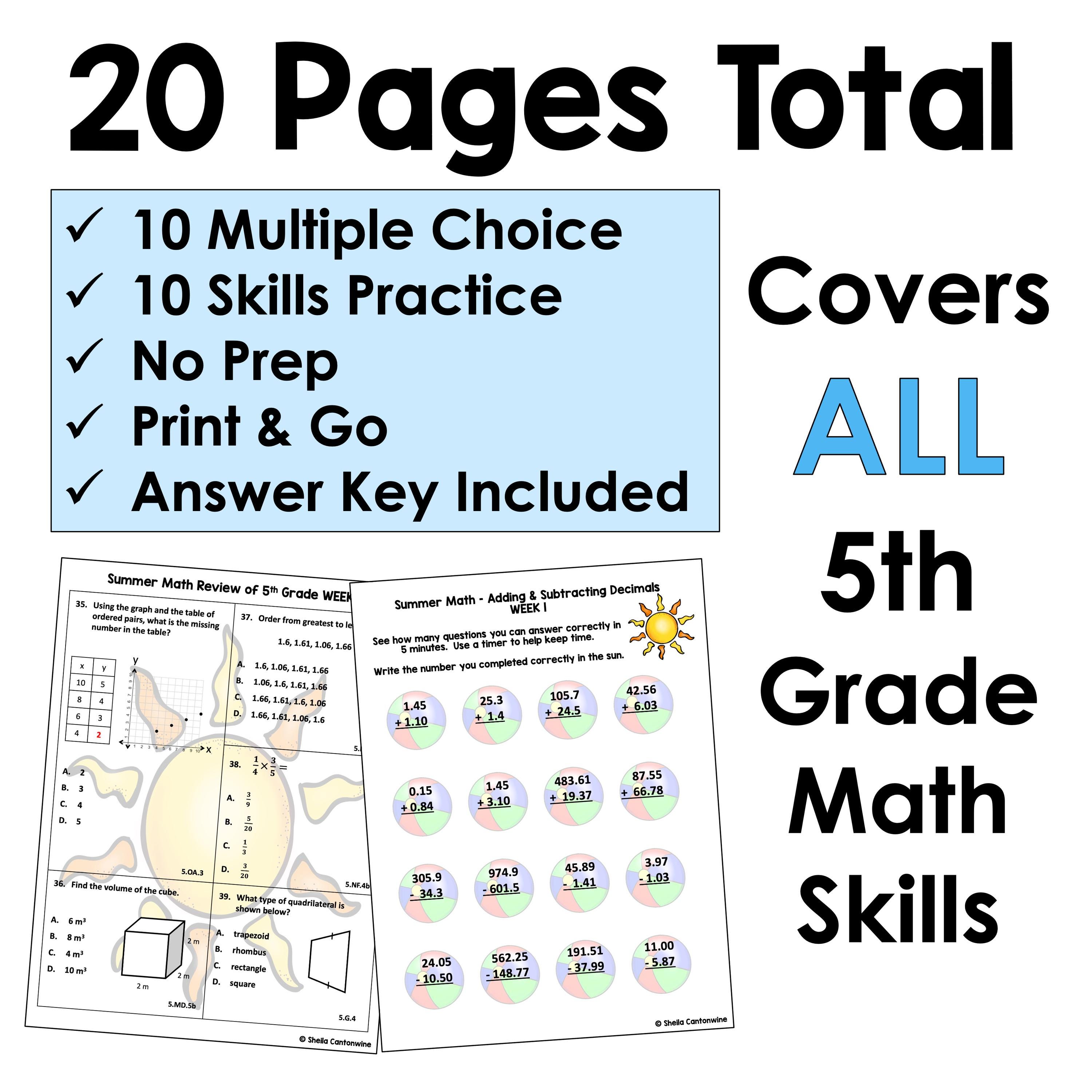 5th Grade Math Summer Review Packet Worksheets - No Prep Activities for ...