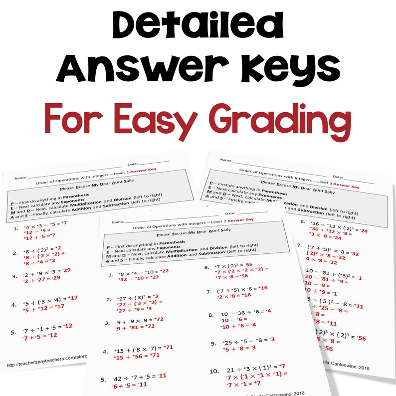 Order of operations with integers worksheets differentiated etsy
