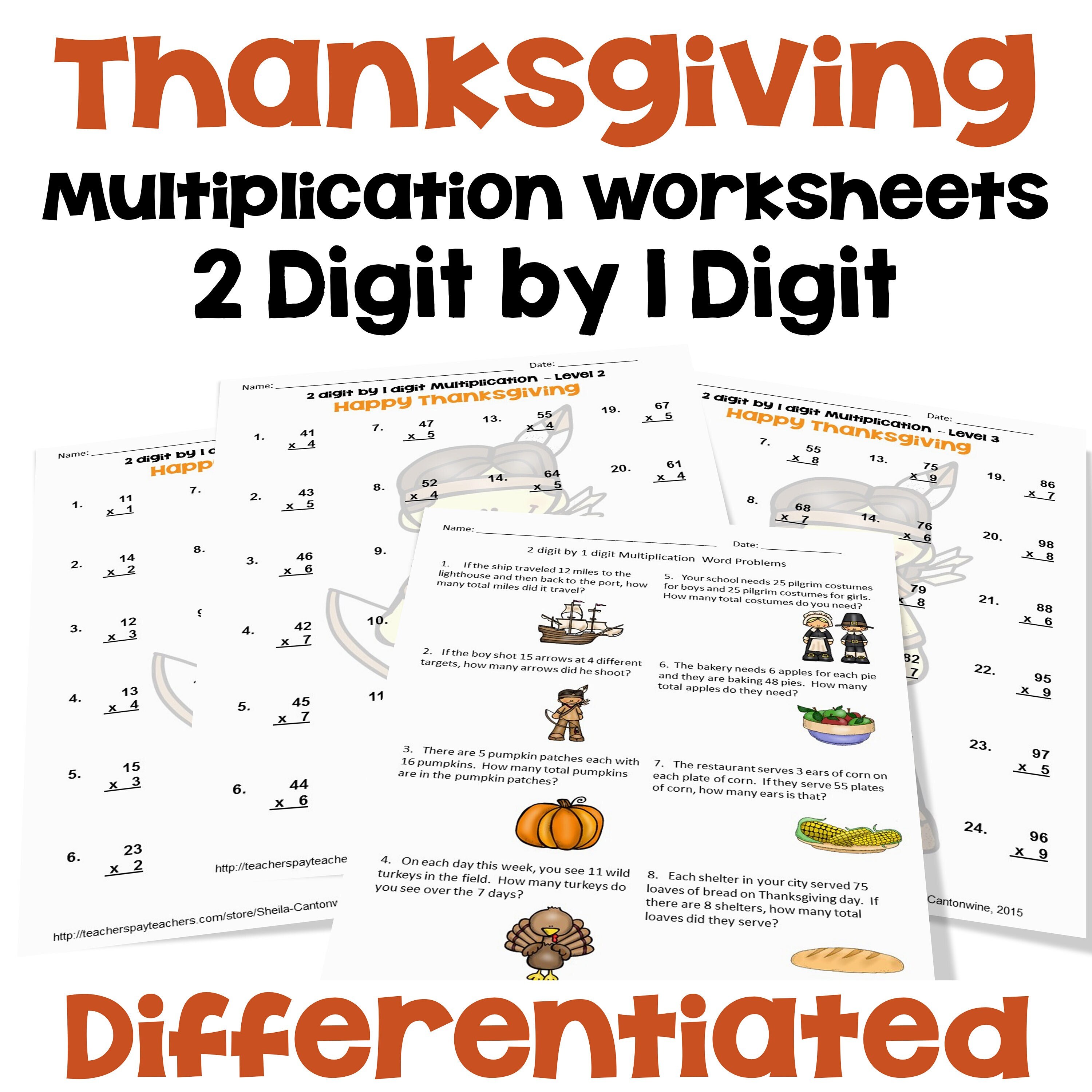 Thanksgiving 2 digit by 1 digit Multiplication Worksheets - Differentiated