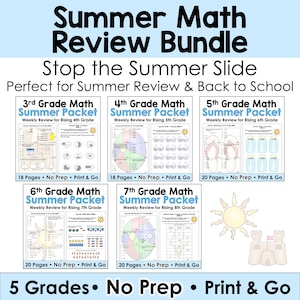 May include: A bundle of summer math review packets for grades 3rd through 7th. Each packet is designed for weekly review and includes pages for each grade level. The image includes the text "Summer Math Review Bundle" and "Stop the Summer Slide."
