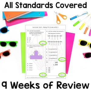 May include: A worksheet titled "Summer Math - Rising 4th Grade WEEK 5" with math problems, including geometry and fractions. The worksheet is surrounded by colorful school supplies, including sunglasses, markers, and notebooks. The text "All Standards Covered" is at the top.