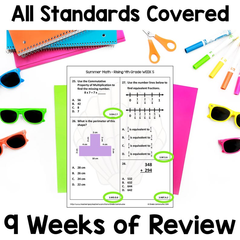 May include: A worksheet titled "Summer Math - Rising 4th Grade WEEK 5" with math problems, including geometry and fractions. The worksheet is surrounded by colorful school supplies, including sunglasses, markers, and notebooks. The text "All Standards Covered" is at the top.