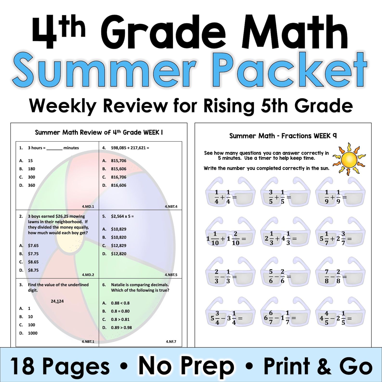 4th Grade Math Summer Review Packet Worksheets - No Prep Activities for ...