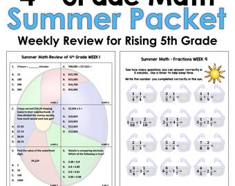 4th Grade Math Summer Review Packet Worksheets - No Prep Activities for Rising 5th Graders