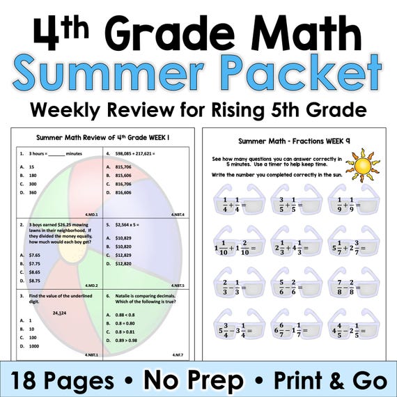 4th Grade Math Summer Review Packet Worksheets - No Prep Activities for Rising 5th Graders