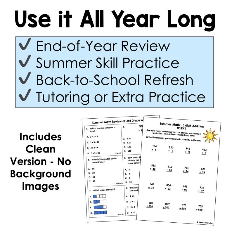 May include: Educational worksheets with math problems for 3rd grade, featuring addition and review questions. The image includes the text "Use it All Year Long" and options for end-of-year review, summer skill practice, and tutoring.
