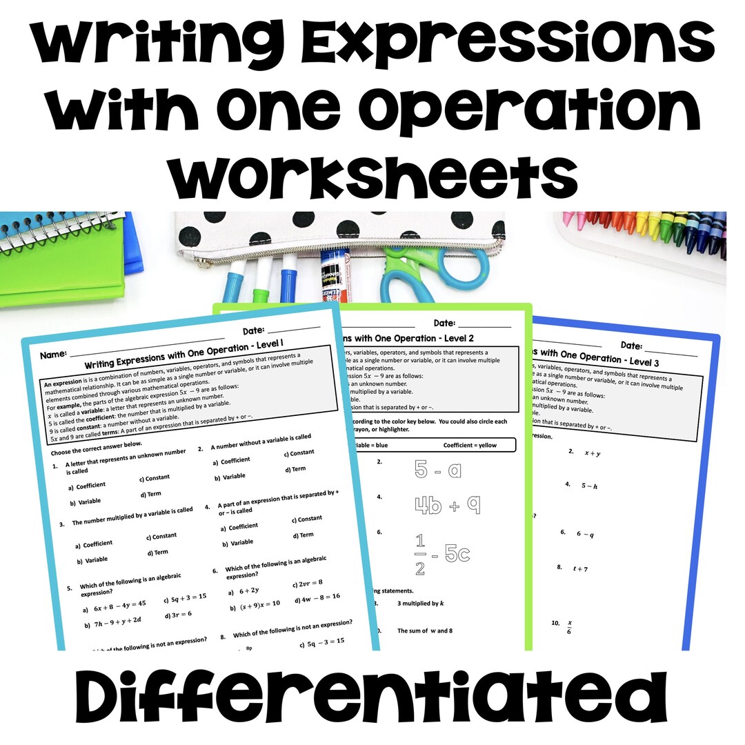 Writing Expressions With One Operation Worksheets - Differentiated - Etsy