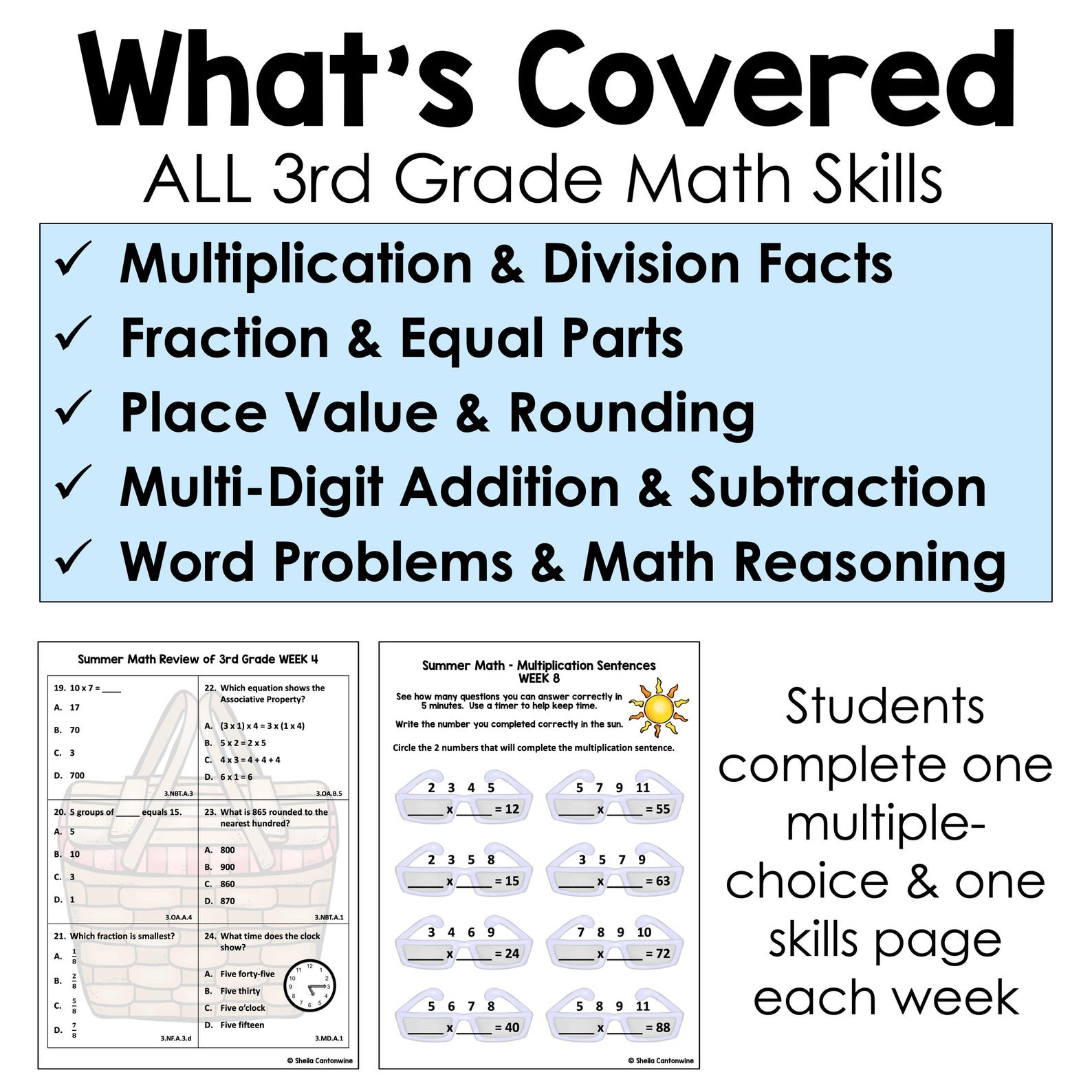 3rd Grade Math Summer Review Packet Worksheets - No Prep Activities for ...