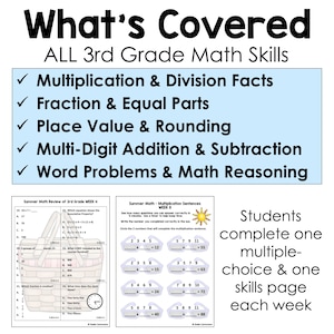 May include: A worksheet for 3rd grade math skills, including multiplication, fractions, place value, and word problems. The text reads "What's Covered" and lists the topics. Students complete multiple-choice and skills pages weekly.