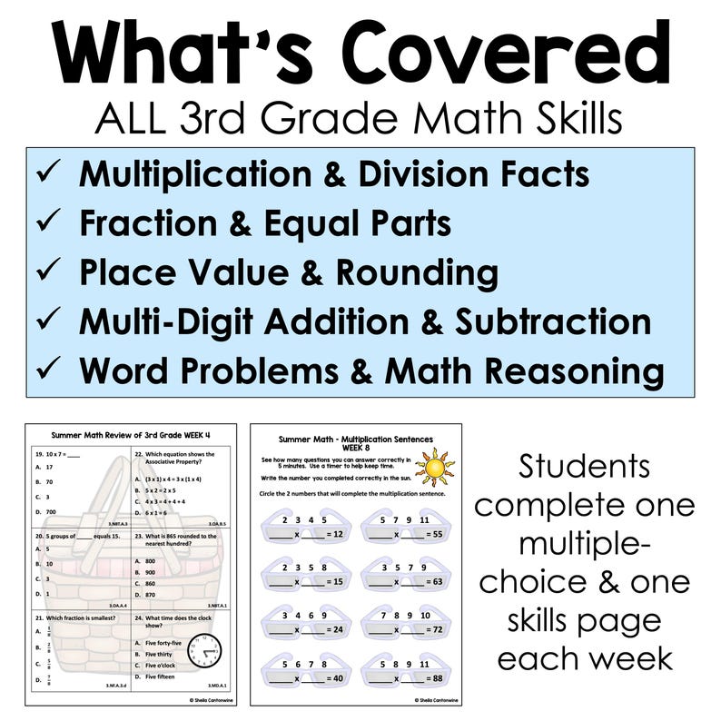May include: A worksheet for 3rd grade math skills, including multiplication, fractions, place value, and word problems. The text reads "What's Covered" and lists the topics. Students complete multiple-choice and skills pages weekly.