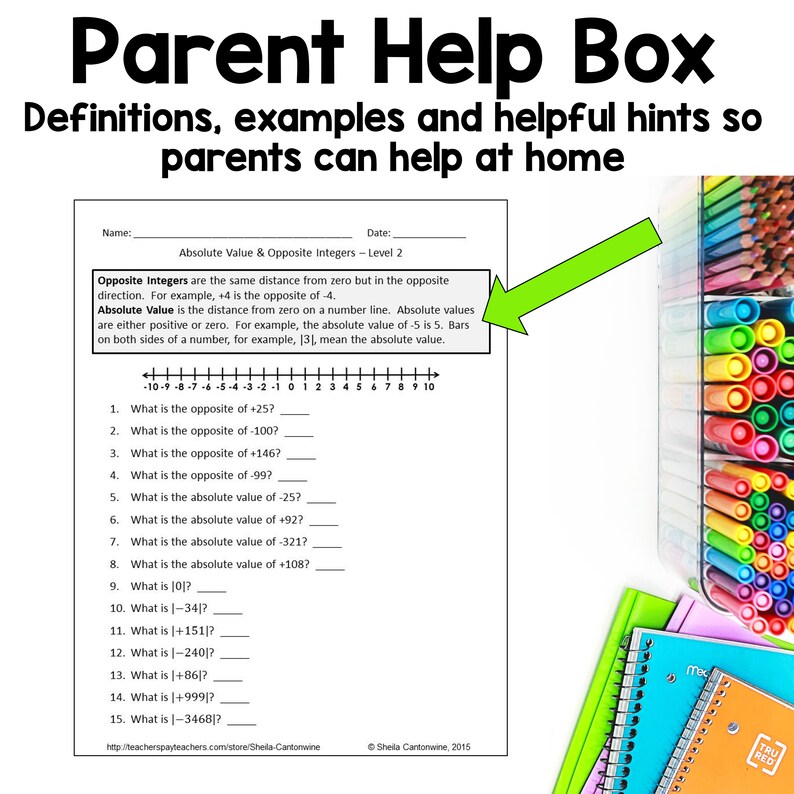 Absolute Value and Opposite Integers Worksheets - Differentiated - Etsy