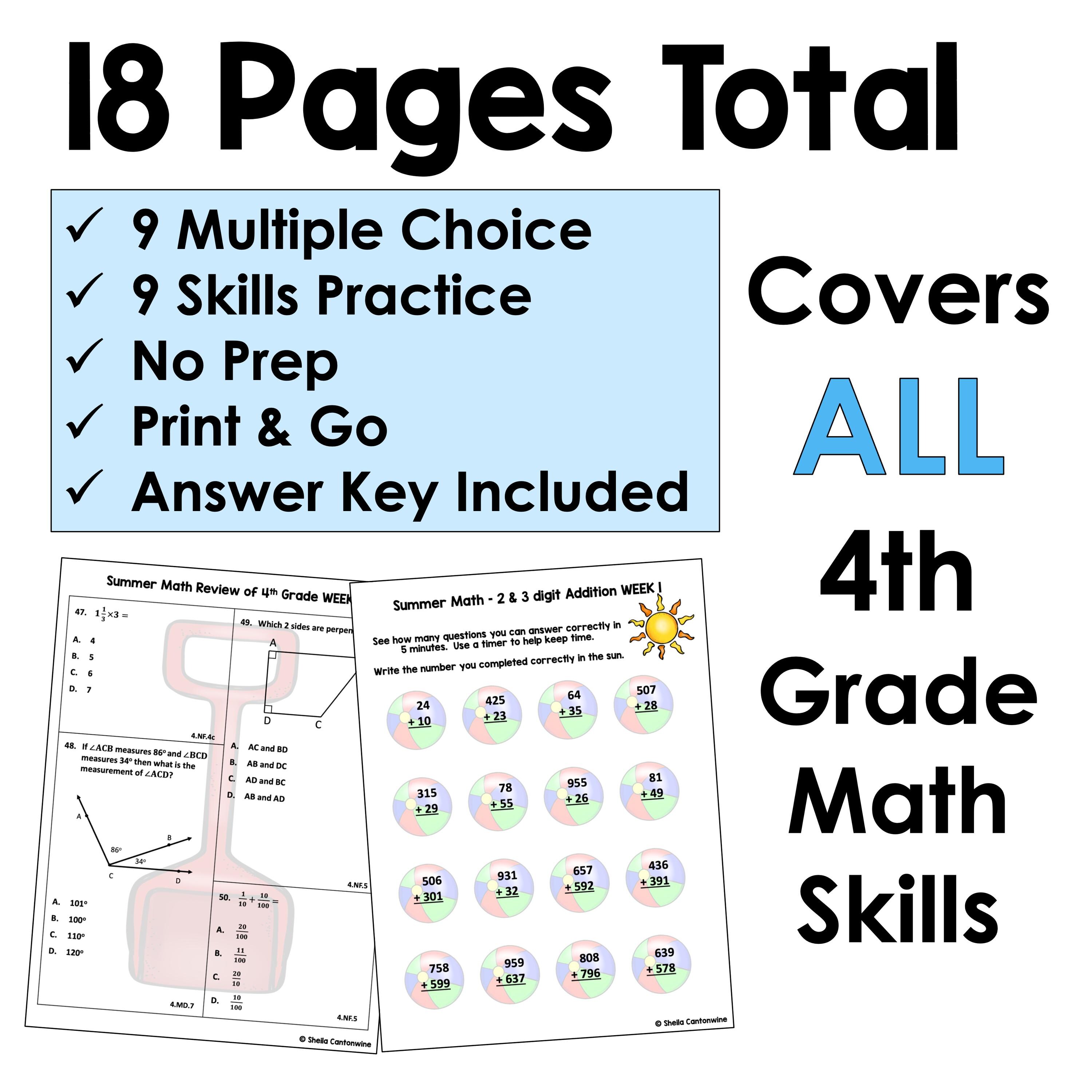 4th Grade Math Summer Review Packet Worksheets - No Prep Activities for ...