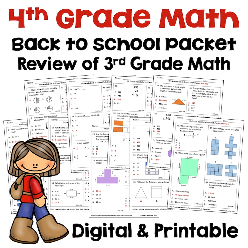 Back to School Math Activities for 4th Grade Math Review of 3rd Grade ...