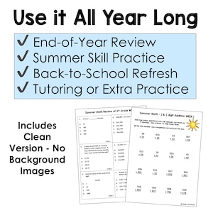 Op de afbeelding: Educatieve werkbladen voor wiskunderevisie van groep 4, zomerse vaardigheidstraining en terug-naar-school-opfrissing. Bevat schone versies zonder achtergrondafbeeldingen. De tekst luidt "Use it All Year Long".