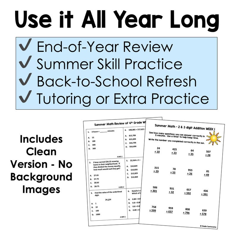 Op de afbeelding: Educatieve werkbladen voor wiskunderevisie van groep 4, zomerse vaardigheidstraining en terug-naar-school-opfrissing. Bevat schone versies zonder achtergrondafbeeldingen. De tekst luidt "Use it All Year Long".