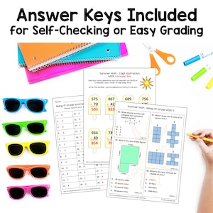 May include: A collection of school supplies, including colorful notebooks, sunglasses, and worksheets with math problems and answer keys. The text "Answer Keys Included" is visible, suggesting educational materials for self-checking or easy grading.