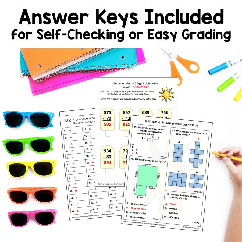 May include: A collection of school supplies, including colorful notebooks, sunglasses, and worksheets with math problems and answer keys. The text "Answer Keys Included" is visible, suggesting educational materials for self-checking or easy grading.