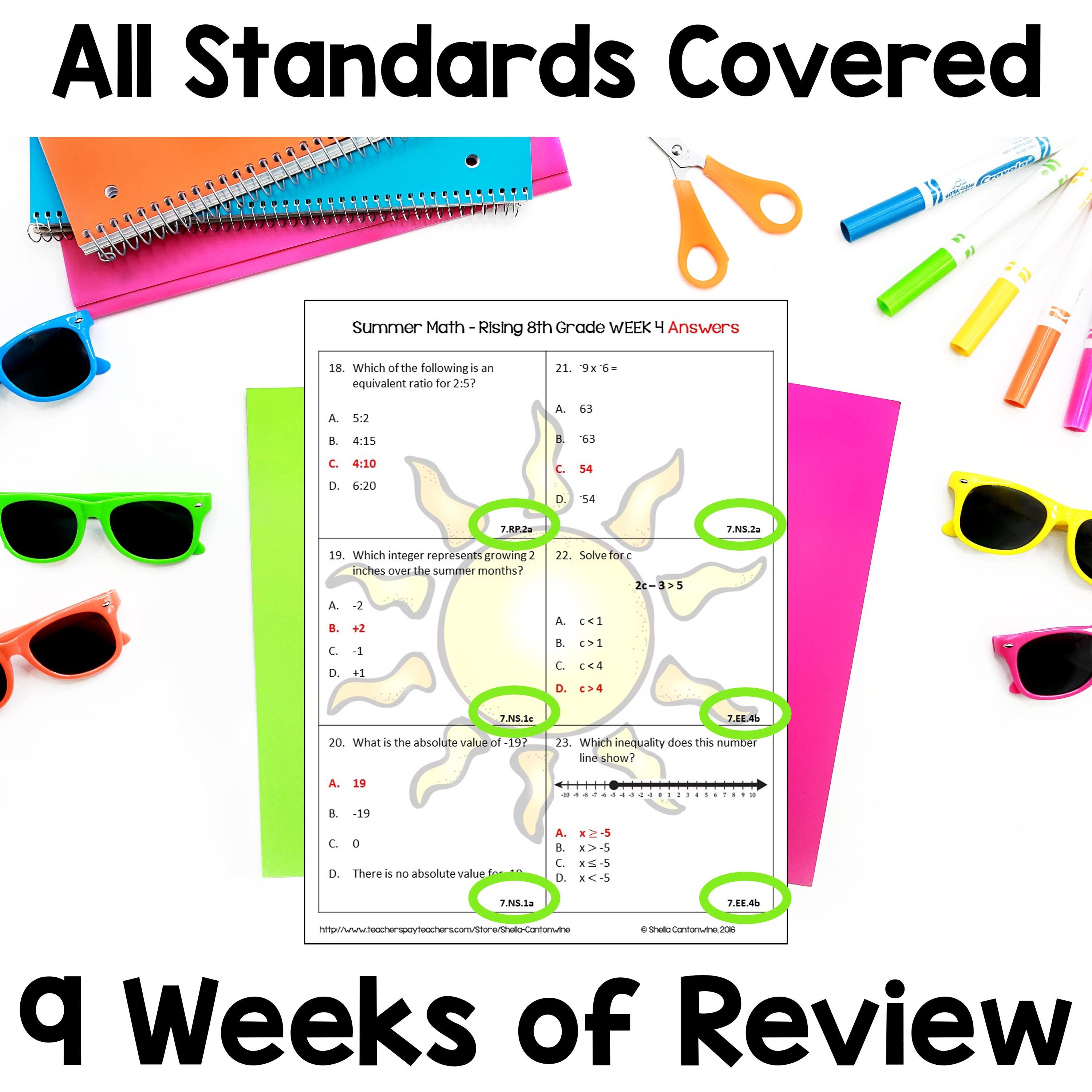 7th Grade Math Summer Review Packet Worksheets - No Prep Activities ...