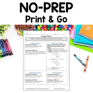 May include: A printable worksheet with rules for adding, subtracting, multiplying, and dividing integers. The worksheet is titled "Integer Rules" and includes examples of each operation.