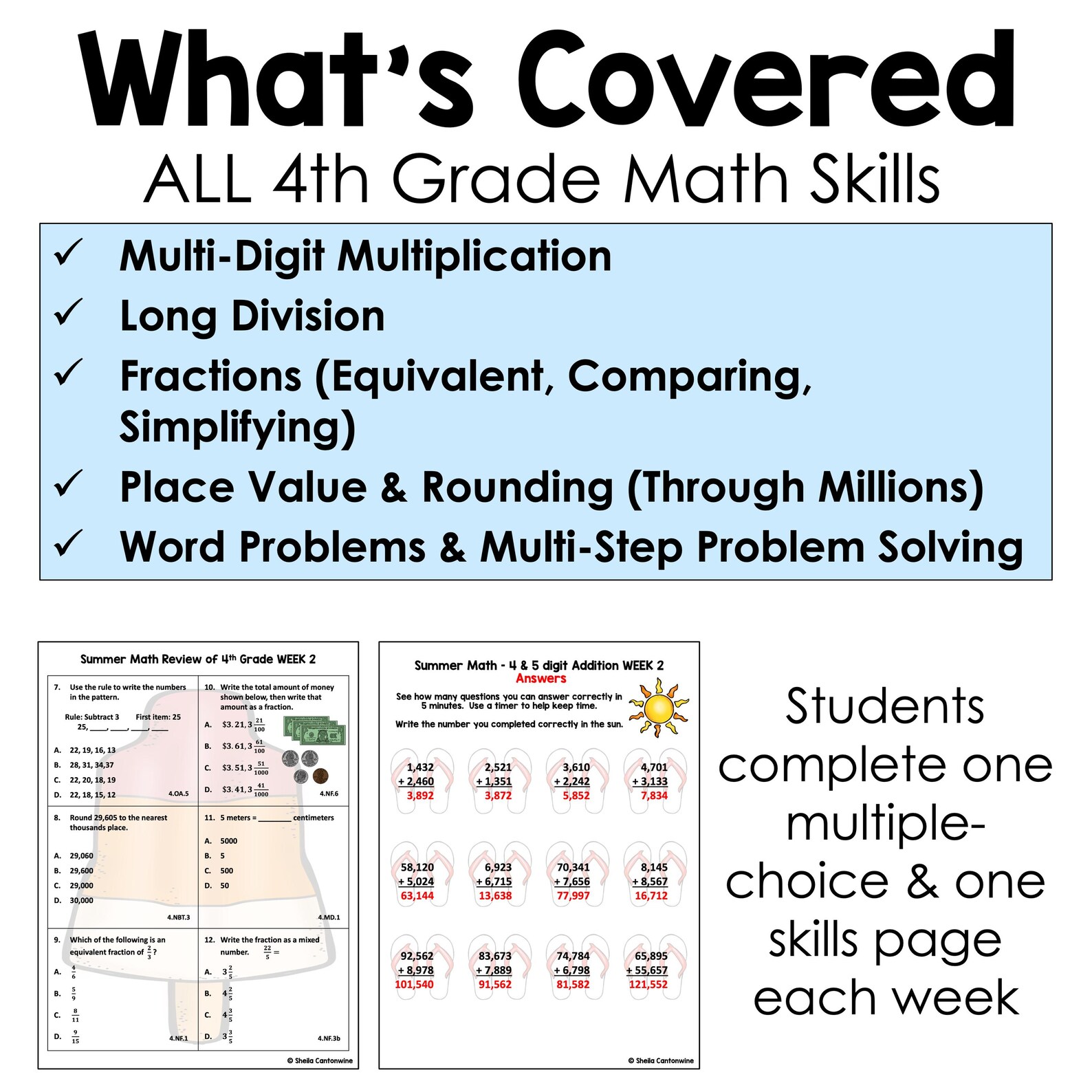 4th Grade Math Summer Review Packet Worksheets - No Prep Activities for ...
