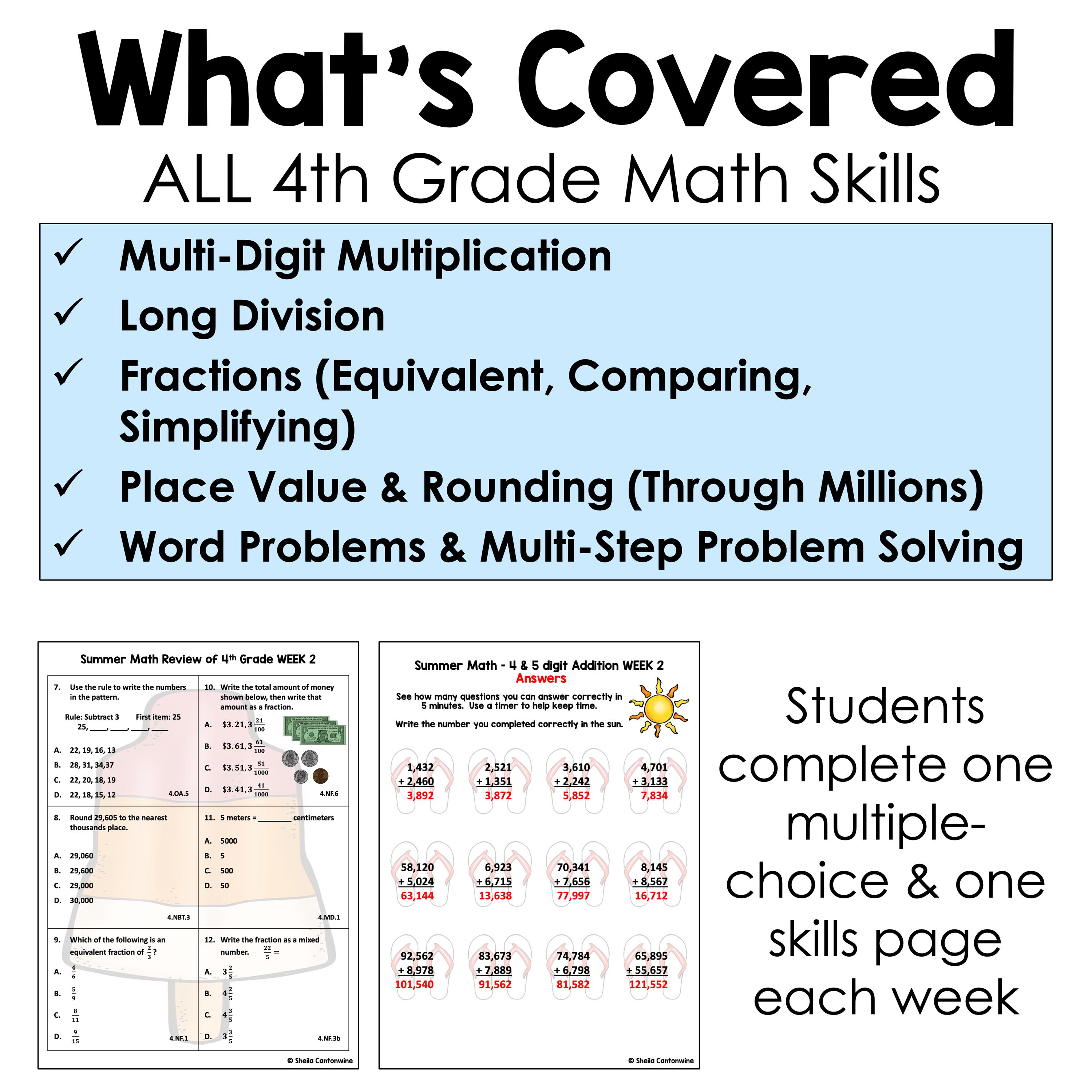 4th Grade Math Summer Review Packet Worksheets - No Prep Activities for ...