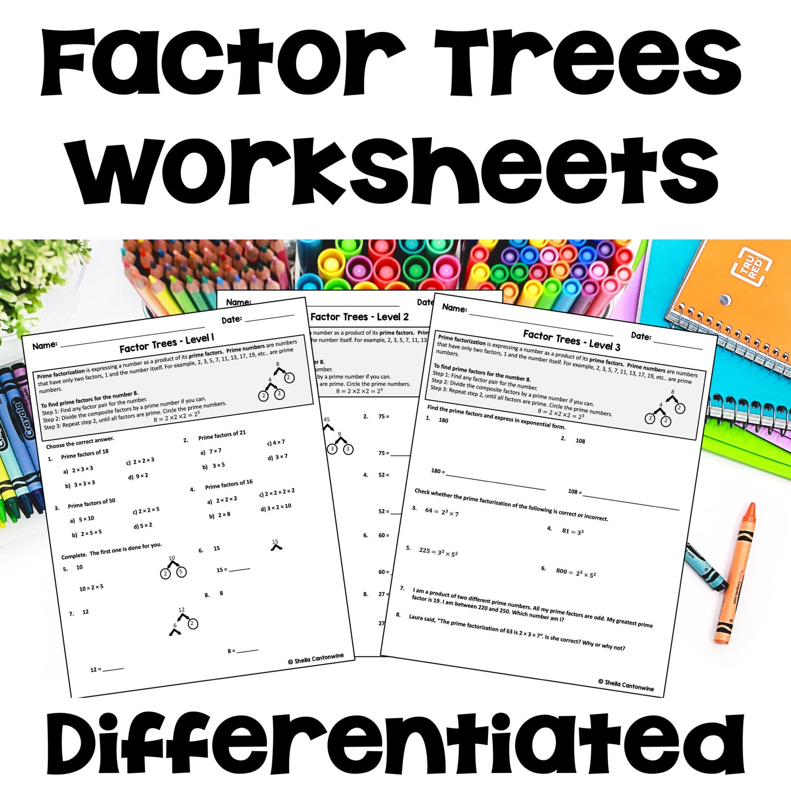 Prime Factorization and Factor Trees Worksheets - Differentiated - Etsy