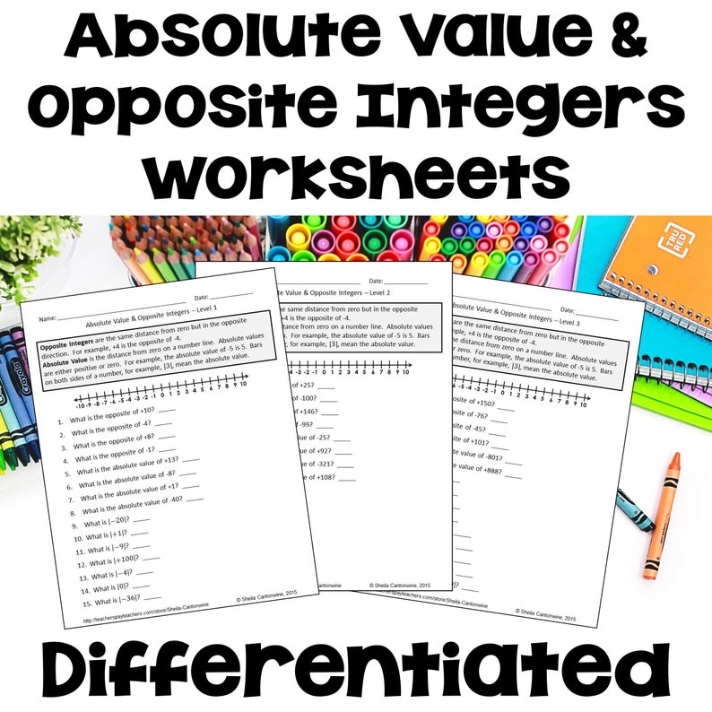 Absolute Value and Opposite Integers Worksheets - Differentiated - Etsy