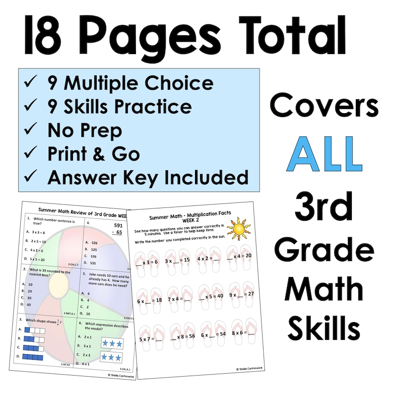 May include: A workbook with the text "18 Pages Total" and "Covers ALL 3rd Grade Math Skills." The workbook includes multiple-choice questions, skills practice, and an answer key. The pages feature summer-themed math problems.