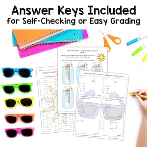 Op de afbeelding: Een verzameling schoolspullen, waaronder kleurrijke zonnebrillen, notitieboekjes en werkbladen met wiskundige problemen en antwoordsleutels. De tekst bovenaan luidt: "Answer Keys Included for Self-Checking or Easy Grading."