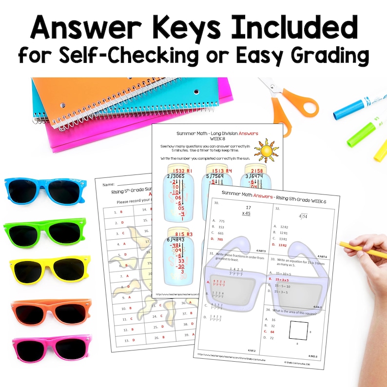 Op de afbeelding: Een verzameling schoolspullen, waaronder kleurrijke zonnebrillen, notitieboekjes en werkbladen met wiskundige problemen en antwoordsleutels. De tekst bovenaan luidt: "Answer Keys Included for Self-Checking or Easy Grading."