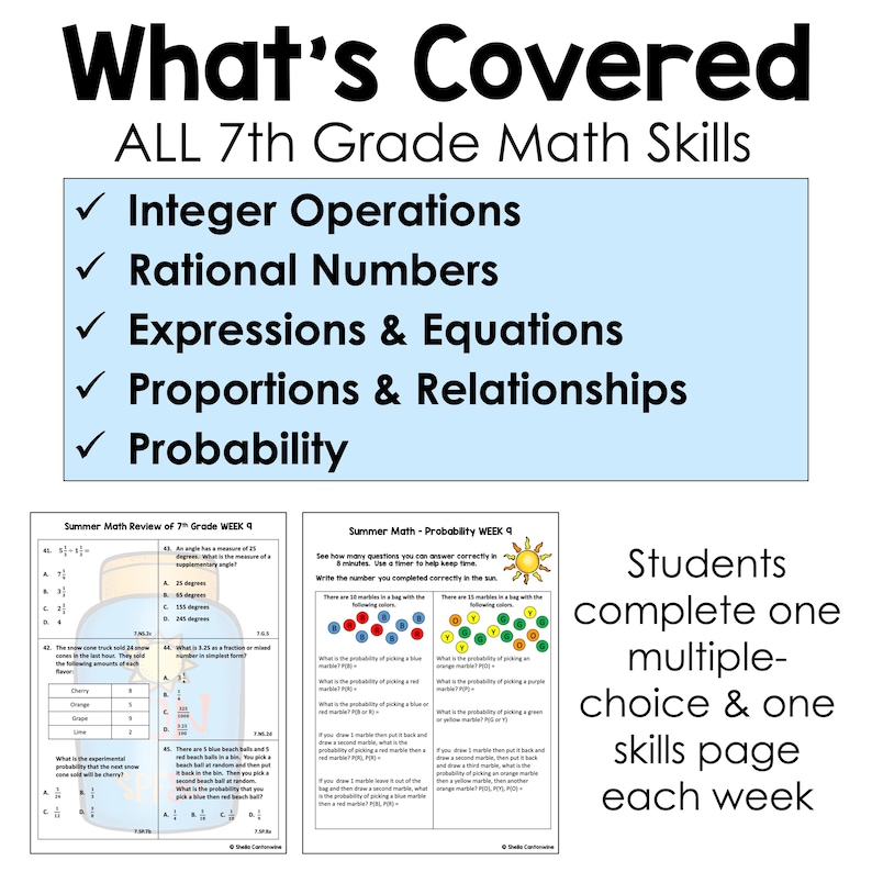 7th Grade Math Summer Review Packet Worksheets - No Prep Activities ...