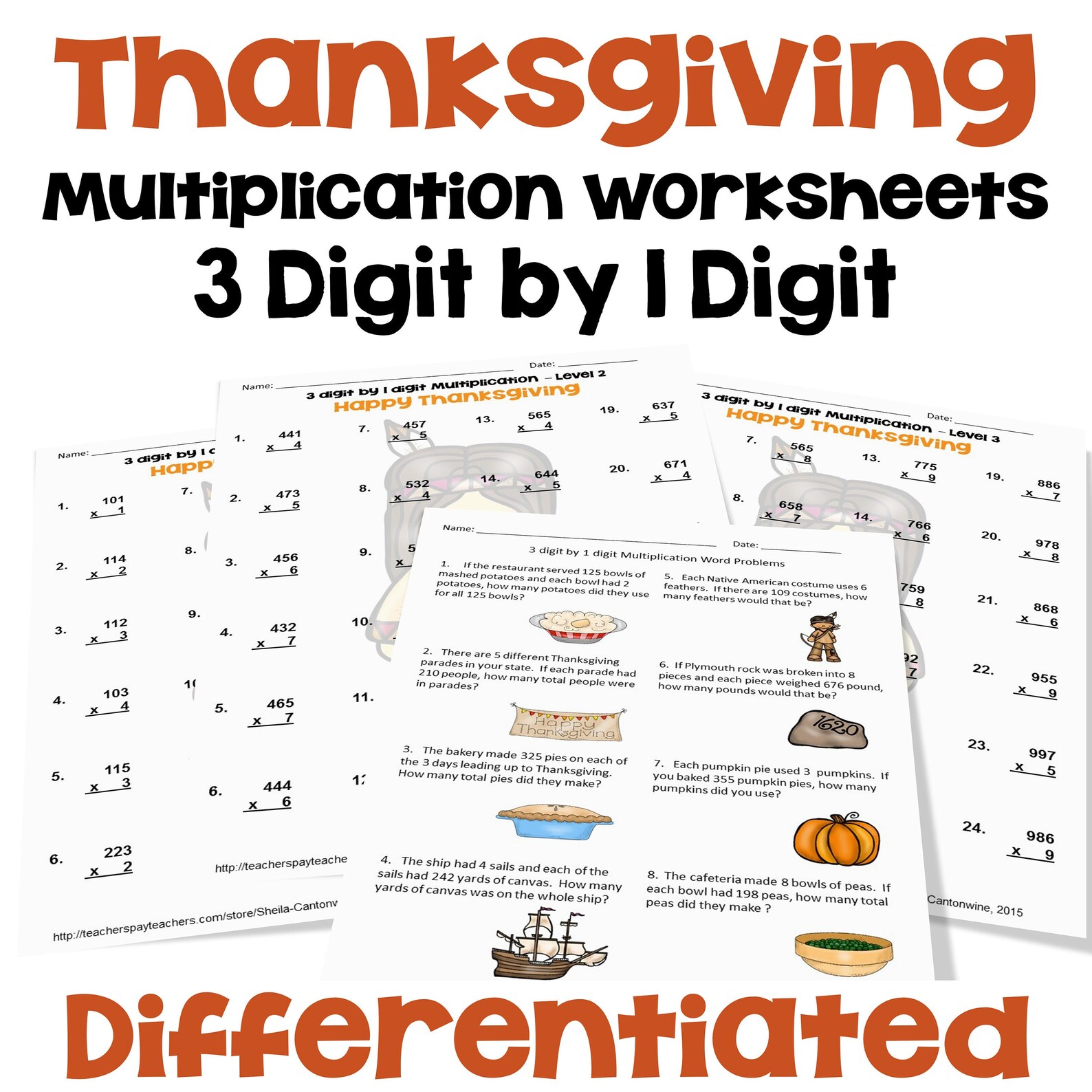 Thanksgiving 3 Digit by 1 Digit Multiplication Worksheets ...