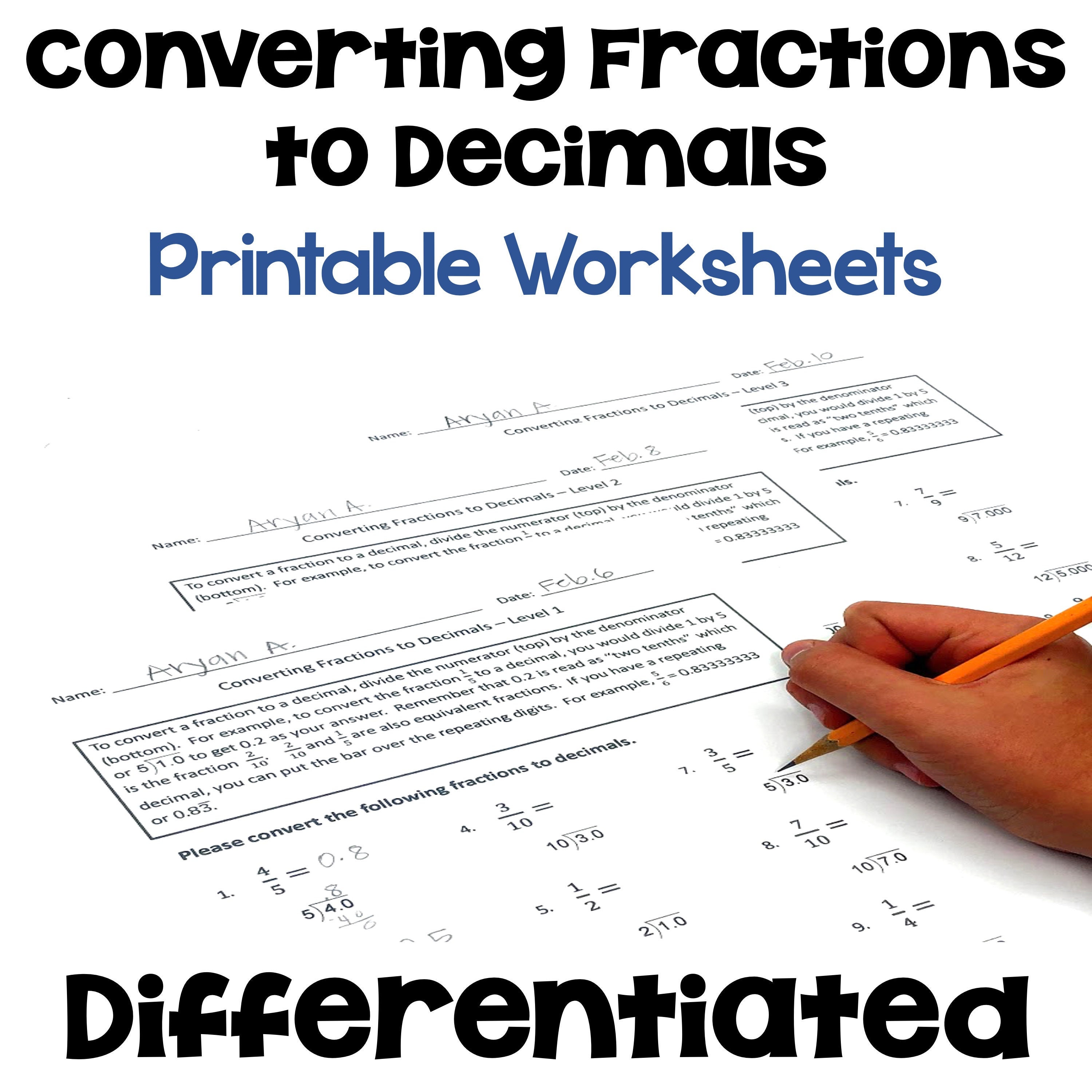Converting fractions to decimals worksheets differentiated etsy