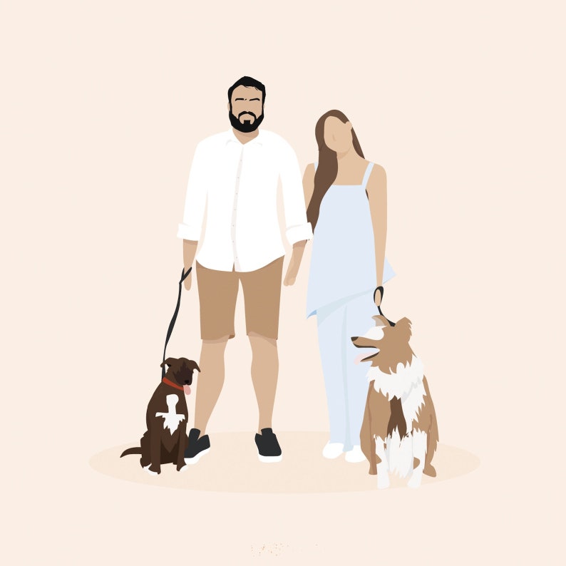 K&ouml;nnte beinhalten: Ein Paar mit braunen Haaren und B&auml;rten geht mit zwei Hunden an der Leine spazieren. Der Mann tr&auml;gt ein wei&szlig;es Hemd und eine Khaki-Shorts. Die Frau tr&auml;gt ein hellblaues Kleid. Die Hunde sind ein brauner und wei&szlig;er Border Collie und ein schwarzer und wei&szlig;er Pitbull.
