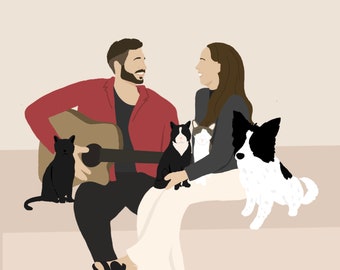 Family  portrait/Family Portrait with pets/ Custom Family Illustration/ Family and Pet Portrait/ Couple Portrait with pet/ mothers day