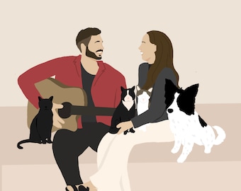 Familien Porträt / Familien Porträt mit Haustieren / Individuelle Familien Illustration / Familie und Haustier Porträt / Paar Porträt mit Haustier / Muttertag