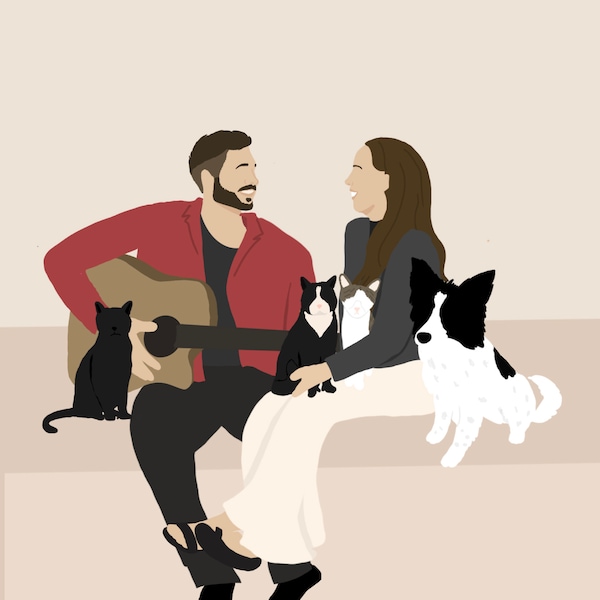 Family  portrait/Family Portrait with pets/ Custom Family Illustration/ Family and Pet Portrait/ Couple Portrait with pet/ mothers day