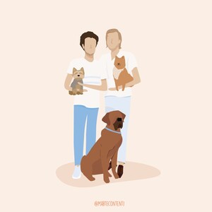 K&ouml;nnte beinhalten: Zwei Personen, eine mit braunen Haaren und die andere mit blonden Haaren, stehen zusammen und halten drei Hunde. Die Person mit braunen Haaren h&auml;lt einen kleinen braunen und wei&szlig;en Hund. Die Person mit blonden Haaren h&auml;lt einen kleinen orangen Hund. Der dritte Hund ist ein gro&szlig;er brauner Hund, der vor den beiden Personen sitzt.