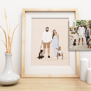 K&ouml;nnte beinhalten: Eine gerahmte Illustration eines Paares, das mit seinen Hunden spazieren geht. Das Paar ist leger gekleidet und die Hunde sind an der Leine. Die Illustration ist in einem hellbraunen Rahmen und vor einer wei&szlig;en Wand platziert.