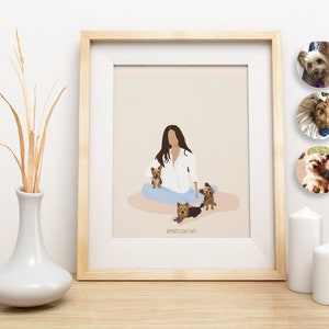 K&ouml;nnte beinhalten: Eine digitale Illustration einer Person, die mit drei Hunden sitzt. Die Person tr&auml;gt ein wei&szlig;es Hemd und eine blaue Jeans. Die Hunde sind braun und wei&szlig;. Der Hintergrund ist in einem hellen Pfirsich-Ton gehalten. Der Text "@myperfectfiniti" befindet sich am unteren Rand des Bildes.