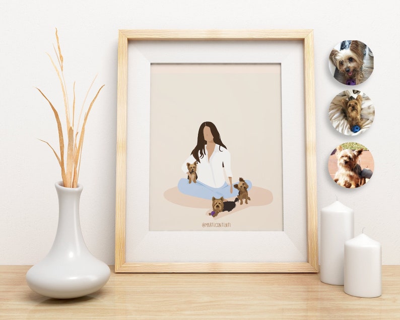 K&ouml;nnte beinhalten: Eine digitale Illustration einer Person, die mit drei Hunden sitzt. Die Person tr&auml;gt ein wei&szlig;es Hemd und eine blaue Jeans. Die Hunde sind braun und wei&szlig;. Der Hintergrund ist in einem hellen Pfirsich-Ton gehalten. Der Text "@myperfectfiniti" befindet sich am unteren Rand des Bildes.
