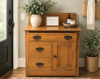 Antique Eastlake Solid Oak Commode Wash Stand, Late 19th Century Furniture