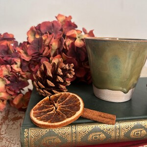 May include: A green and white ceramic mug sits on a stack of books, alongside a dried orange slice, a cinnamon stick, a pine cone, and a bouquet of dried flowers. The books are green and red with gold patterns.